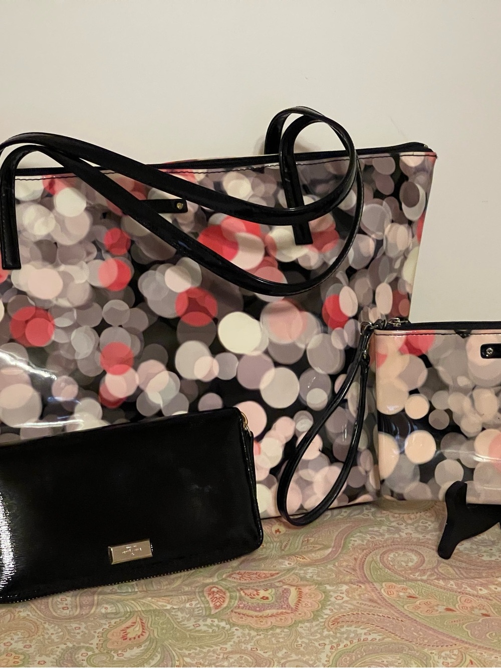 Kate Spade Black Patent Trim Tote with Multicolor Bokeh Print